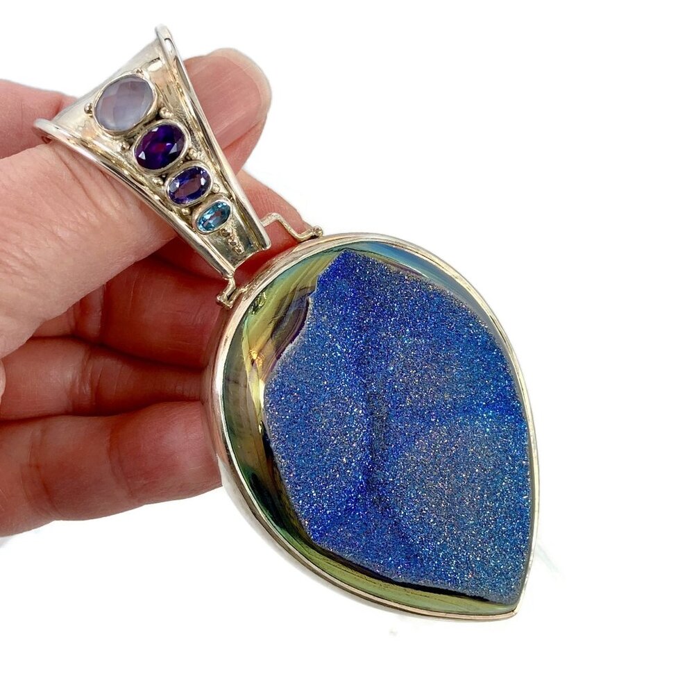 Druzy Pendant, Amethyst, Sterling Silver, Iolite, Blue Topaz, Calcedony, Sajen - Picture 3 of 7